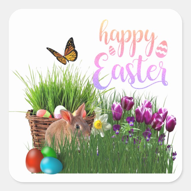 Pegatina Cuadrada Feliz Pascua con feriado conejo conejo conejo (Anverso)