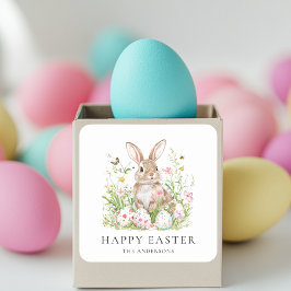 Pegatina Cuadrada Feliz Pascua con nombre de familia |Conejito