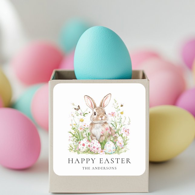 Pegatina Cuadrada Feliz Pascua con nombre de familia |Conejito (Subido por el creador)
