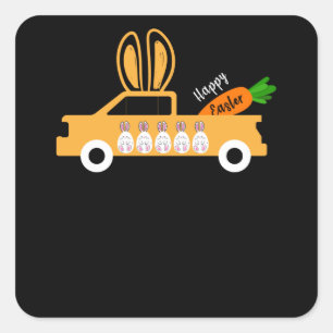 Pegatina Cuadrada Feliz Pascua con zanahorias y camionetas Pascua 20