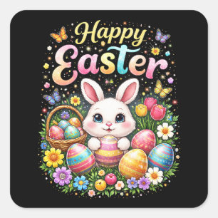 Pegatina Cuadrada Feliz Pascua Conejito