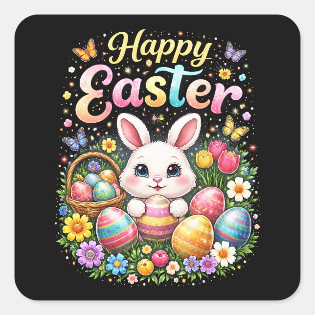 Pegatina Cuadrada Feliz Pascua Conejito (Anverso)