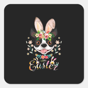 Pegatina Cuadrada Feliz Pascua Conejito Boston Terrier Amantes con E