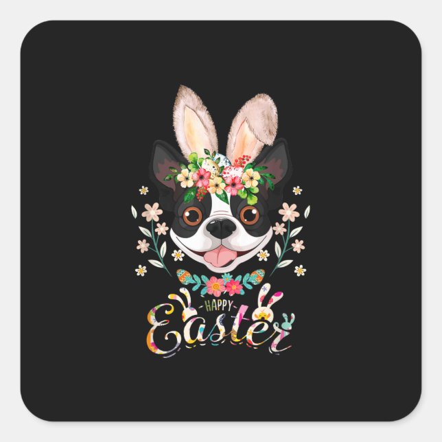 Pegatina Cuadrada Feliz Pascua Conejito Boston Terrier Amantes con E (Anverso)