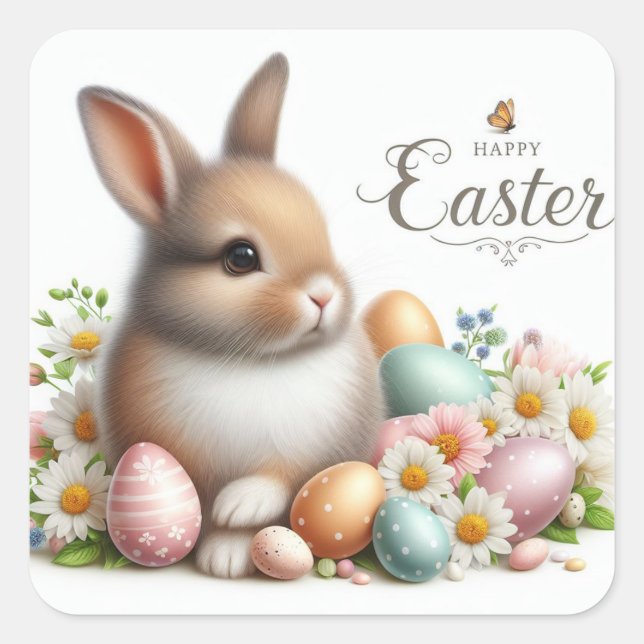 Pegatina Cuadrada Feliz Pascua, Conejo de Pascua, Huevos y Flores (Anverso)