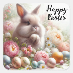 Pegatina Cuadrada Feliz Pascua, Conejo de Pascua Orando