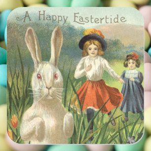 Pegatina Cuadrada Feliz Pascua Conejo de Pascua Vintage y Niños