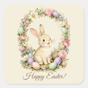 Pegatina Cuadrada Feliz Pascua Conejo Vintage Floral Corona