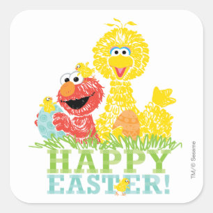 Pegatina Cuadrada Feliz Pascua de Elmo y Big Bird