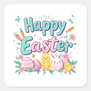 Pegatina Cuadrada Feliz Pascua de Huevo de Pascua de Pascua