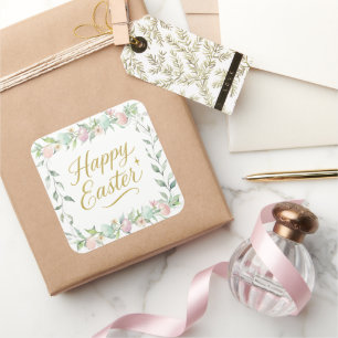 Pegatina Cuadrada Feliz Pascua Digital Acuarela con Verdor