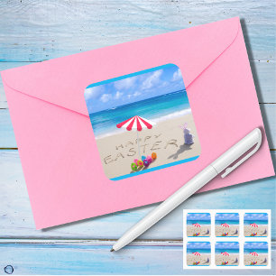 Pegatina Cuadrada Feliz Pascua en la playa tropical costera de arena