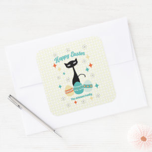Pegatina Cuadrada Feliz Pascua, Era Atómica, Gato Moderno de Mitad d