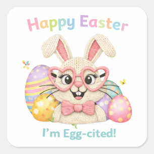 Pegatina Cuadrada Feliz Pascua Estoy Emocionado Conejo 