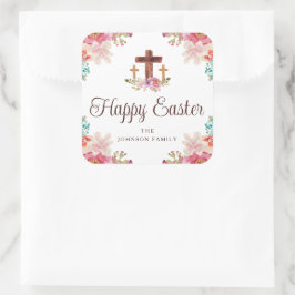 Pegatina Cuadrada Feliz Pascua Floral Acuarela Cruz Religiosa