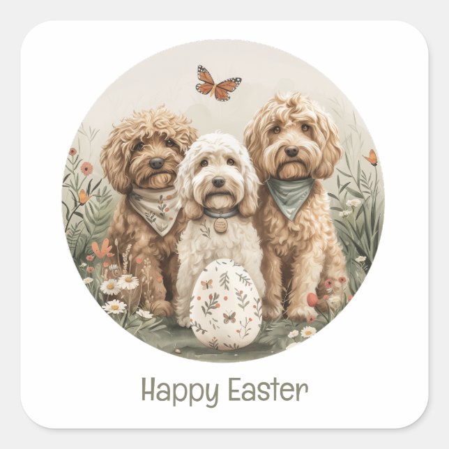 Pegatina Cuadrada Feliz Pascua Goldendoodle Dogs (Anverso)
