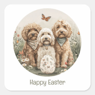 Pegatina Cuadrada Feliz Pascua Goldendoodle Dogs