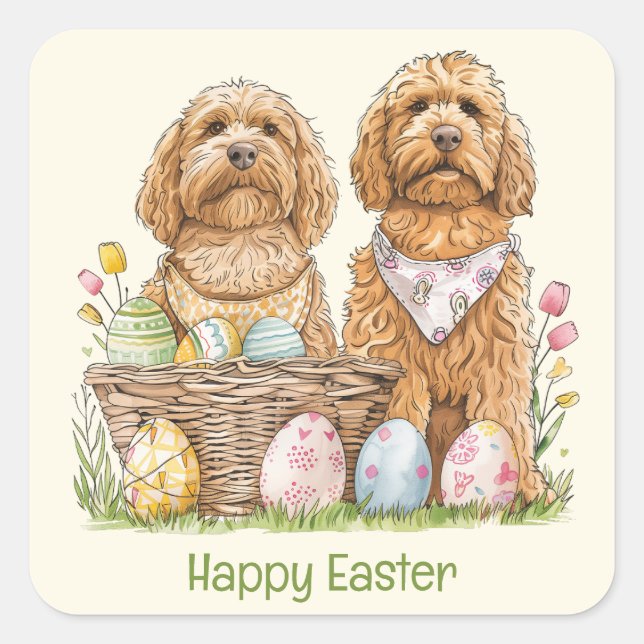 Pegatina Cuadrada Feliz Pascua Goldendoodle Dogs (Anverso)