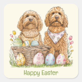 Pegatina Cuadrada Feliz Pascua Goldendoodle Dogs
