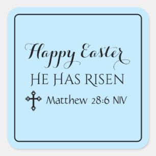 Pegatina Cuadrada Feliz Pascua, ha subido la Biblia contra el azul c
