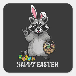 Pegatina Cuadrada Feliz Pascua Mapache Conejo