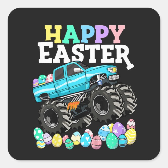 Pegatina Cuadrada Feliz Pascua Monster Truck Huevos de Pascua (Anverso)