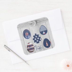 Pegatina Cuadrada Feliz Pascua Náutica en barco costero