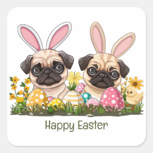 Pegatina Cuadrada Feliz Pascua, Perro de Pug, Orejas Conejitas