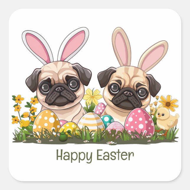 Pegatina Cuadrada Feliz Pascua, Perro de Pug, Orejas Conejitas (Anverso)