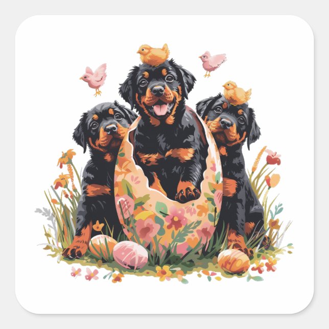 Pegatina Cuadrada Feliz Pascua Perros Rottweiler (Anverso)
