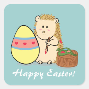 Pegatina Cuadrada Feliz Pascua Pintura de Huevo de Erizo Lindo