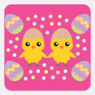 Pegatina Cuadrada Feliz Pascua Pollitos Lindos