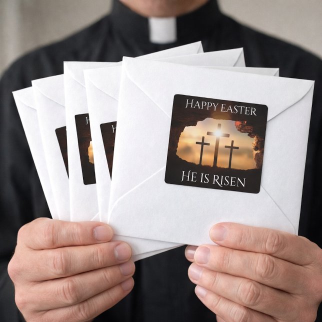 Pegatina Cuadrada Feliz Pascua, se levanta en vacaciones de tres cru (Subido por el creador)