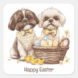 Pegatina Cuadrada Feliz Pascua Shih Tzu Dogs