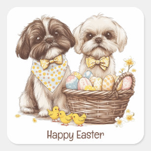 Pegatina Cuadrada Feliz Pascua Shih Tzu Dogs