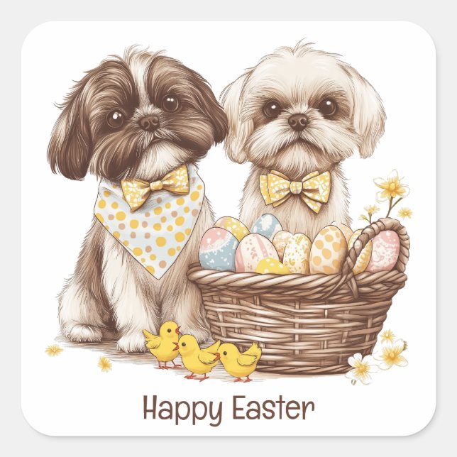 Pegatina Cuadrada Feliz Pascua Shih Tzu Dogs (Anverso)