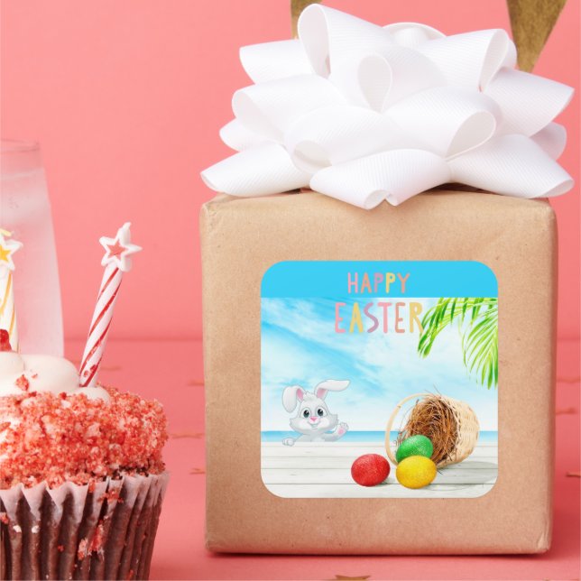 Pegatina Cuadrada Feliz Pascua Tropical Ocean Beach en vacaciones co (Fiesta)