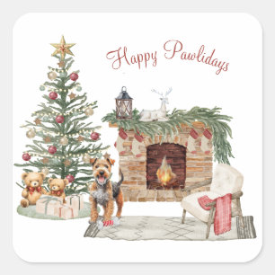 Pegatina Cuadrada Feliz Pawlidays Diseño de perro Airedale