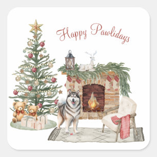 Pegatina Cuadrada Feliz Pawlidays Diseño de Perro - Alaskan Malamute