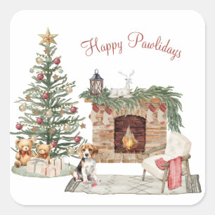 Pegatina Cuadrada Feliz Pawlidays Diseño de Perro - Beagle