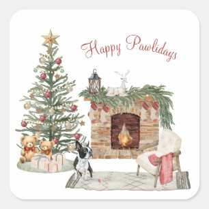 Pegatina Cuadrada Feliz Pawlidays Diseño de Perro - Boston Terrier