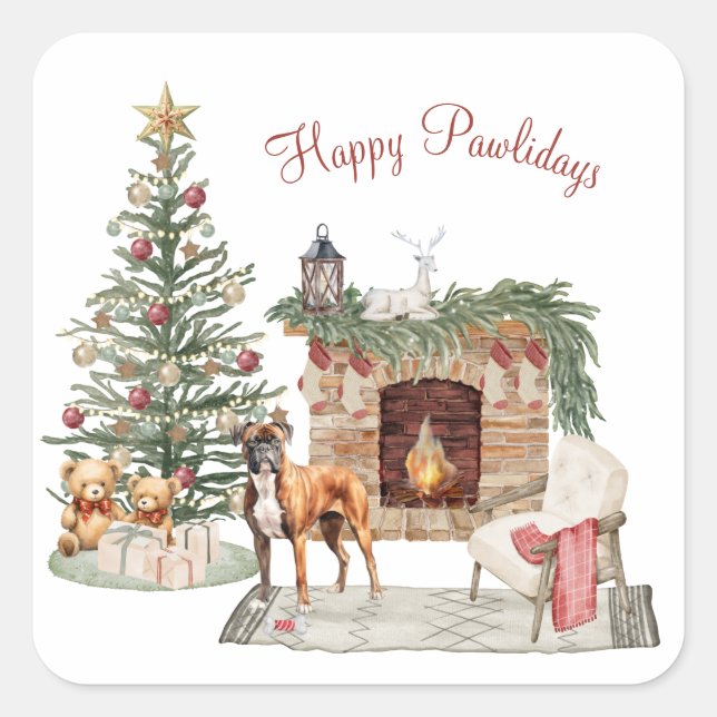 Pegatina Cuadrada Feliz Pawlidays Diseño de Perro - Boxer (Anverso)