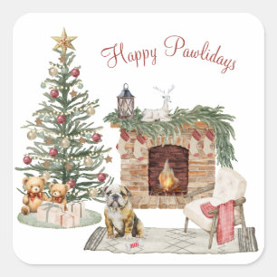 Pegatina Cuadrada Feliz Pawlidays Diseño de Perro - Bulldog Inglés