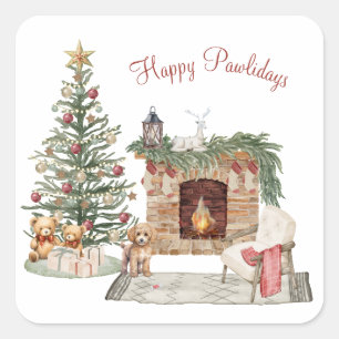 Pegatina Cuadrada Feliz Pawlidays Diseño de Perro - Caniche