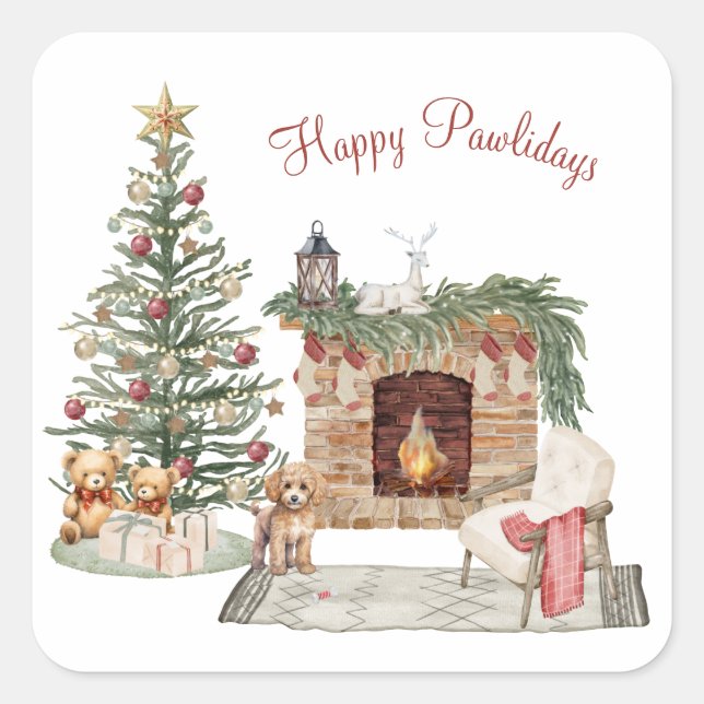 Pegatina Cuadrada Feliz Pawlidays Diseño de Perro - Caniche (Anverso)
