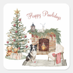 Pegatina Cuadrada Feliz Pawlidays Diseño de Perro - Collie
