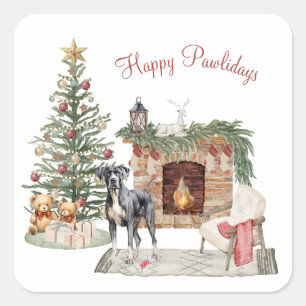 Pegatina Cuadrada Feliz Pawlidays Diseño de perro - Gran Danés