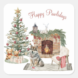 Pegatina Cuadrada Feliz Pawlidays Diseño de Perro - Husky