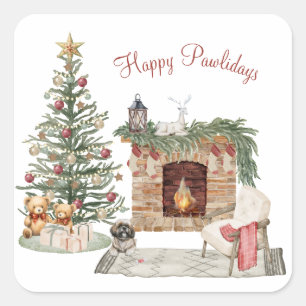 Pegatina Cuadrada Feliz Pawlidays Diseño de Perro - Lhasa Apso