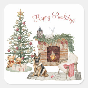 Pegatina Cuadrada Feliz Pawlidays Diseño de Perro - Pastor Alemán